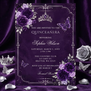 Invitation Photo de Quinceañera papillon floral violet argent