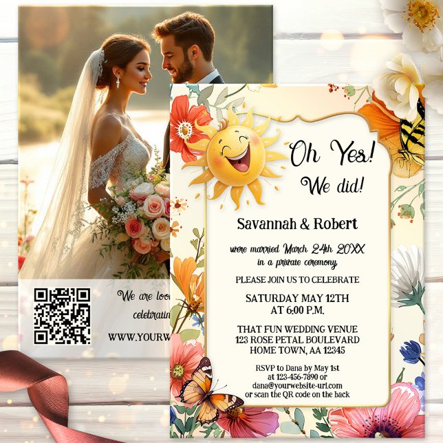 Invitation Photo de réception de mariage fantaisiste aux fleu (After wedding invitation features a laughing sun on a watercolor wildflower design. With photo + QR)