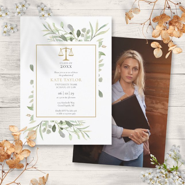 Invitation Photo de remise de diplôme à l'école de droit Mode (Modern Greenery Law School Graduation Photo Invitation)