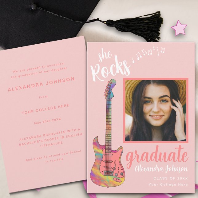Invitation Photo de remise de diplôme avec écriture rose mode (Fun colorful guitar music notes pink script graduate photo modern graduation announcement card)