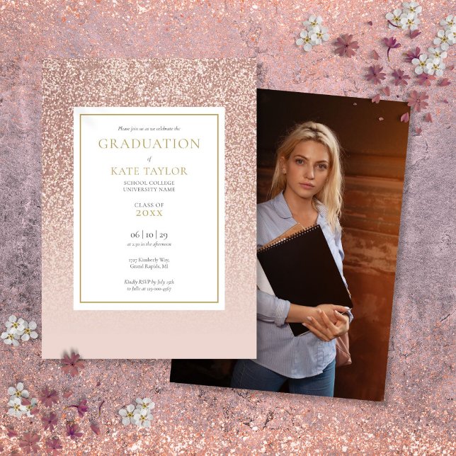 Invitation Photo de remise de diplôme avec paillettes de rose (Modern Rose Gold Glitter Graduation Photo Invitation)