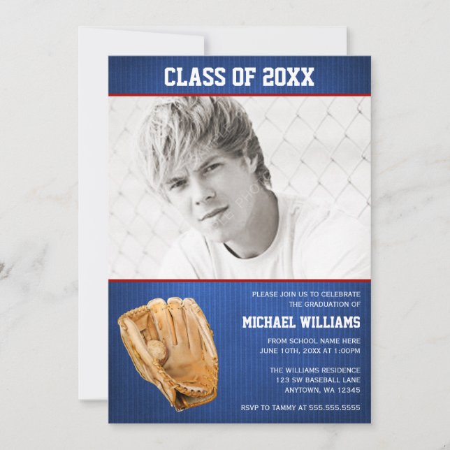 Invitation Photo de remise de diplôme de baseball bleu rouge (Devant)