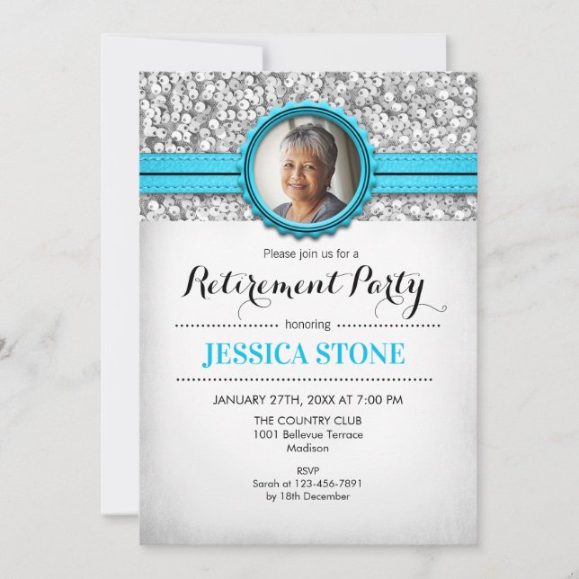 Invitation Photo de retraite - Bleu Turquoise Bleu Argent Bla (Devant)