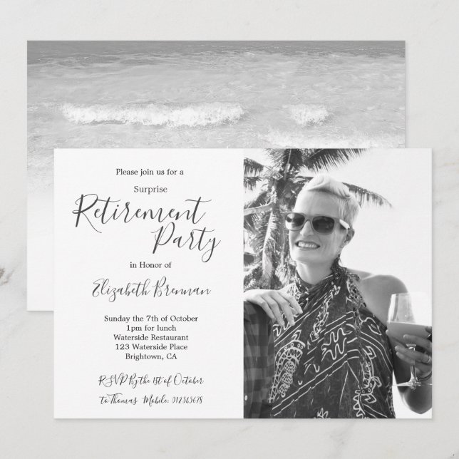 Invitation Photo de retraite Plage noire et blanche Moderne (Devant / Derrière)