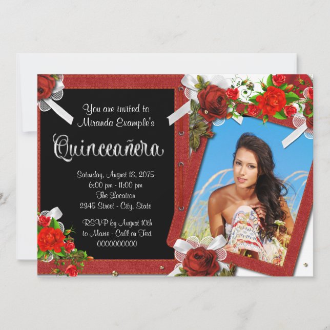 Invitation Photo de Rose Rouge Quinceanera (Devant)
