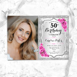 Invitation Photo de roses roses argentées élégantes pour 50e<br><div class="desc">Invitation élégante et féminine pour 50e anniversaire avec votre photo. Design glamour avec faux strass argenté. Comprend des rayures, des roses roses, une police script et des confettis. Parfait pour une fête d'anniversaire élégante pour adulte. Personnalisez avec vos propres détails. Peut être personnalisé pour tout âge ! Cartes d'invitation Zazzle...</div>