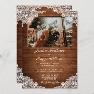Invitation Photo de Rustic Wood & White Lace Wedding