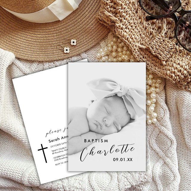 Invitation Photo de script moderne Croix noire Baptême (Modern Script Photo Black Cross Baptism Invitation)
