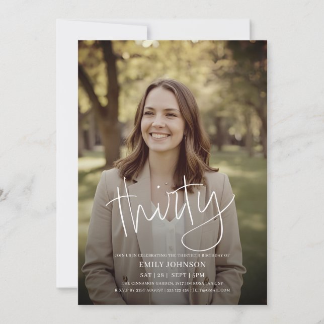 Invitation Photo de script moderne minimal 30e anniversaire (Devant)