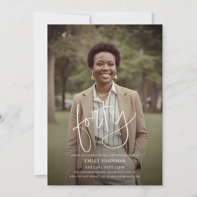 Invitation Photo de script moderne minimal 40e anniversaire (Devant)