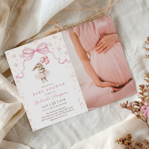 Invitation Photo de shower de bébé lapin à nœud coquette flor