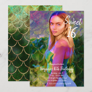 Invitation Photo de sirène en or vert joli pour fête Sweet 16