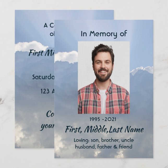 Invitation Photo de souvenir Prière Ciel Céleste (Devant / Derrière)