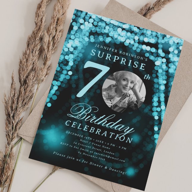 Invitation Photo de SURPRISE pour 70e anniversaire Turquoise  (SURPRISE Photo 70th Birthday Turquoise Glam Invitation)