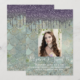 Invitation Photo de Sweet 16 Mermaid avec goutte de paillette