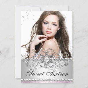 Invitation Photo de Sweet 16 Pink & Silver Jewel Snowflake Sw