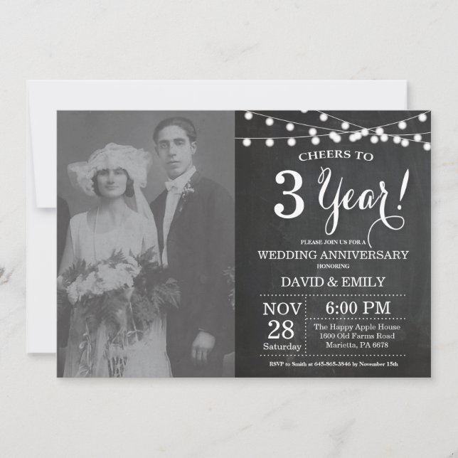 Invitation Photo de tableau noir pour les 3 ans de mariage (Devant)