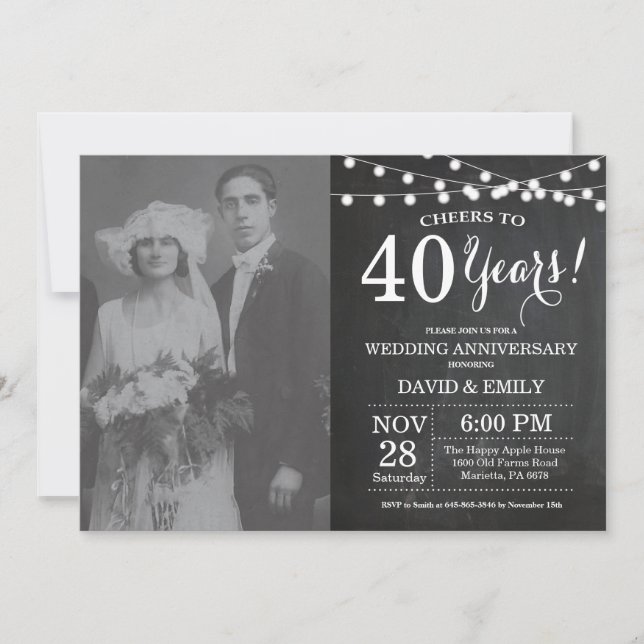 Invitation Photo de tableau noir pour les 40 ans de mariage (Devant)