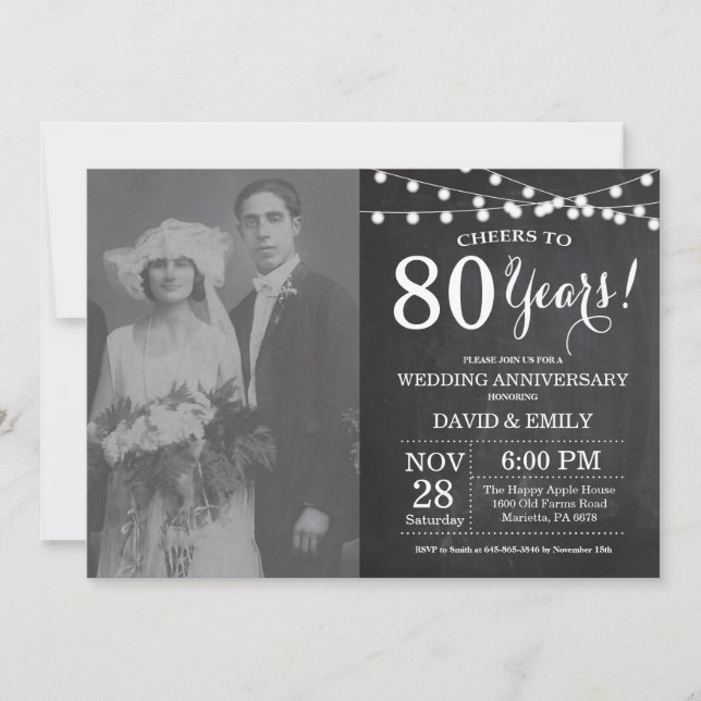 Invitation Photo de tableau noir pour les 80 ans de mariage (Devant)
