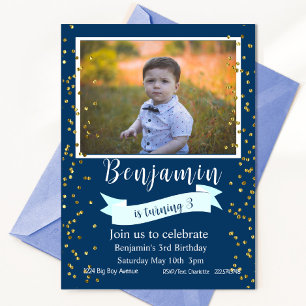 Invitation Photo de troisième anniversaire bleu et or