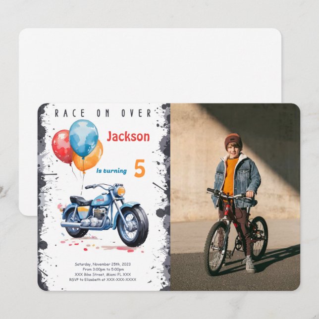 Invitation Photo de vélo d'anniversaire bleu (Devant / Derrière)