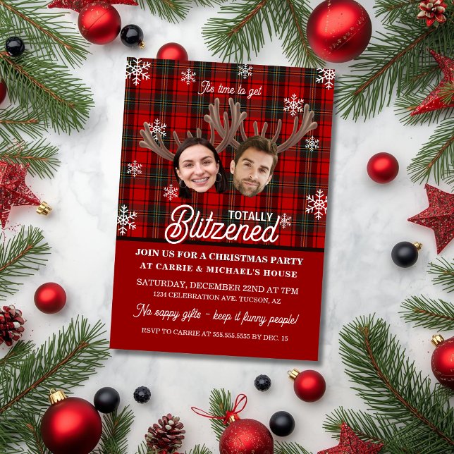 Invitation Photo de visage drôle Blitzened Fête de Noël (Funny cocktail or office party invitation with two faces, antlers for totally blitzened invitation)
