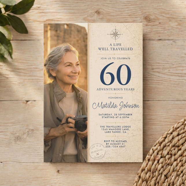 Invitation Photo de voyage d'aventure pour 60e anniversaire (Adventure Travel Photo 60th Birthday Invitation)