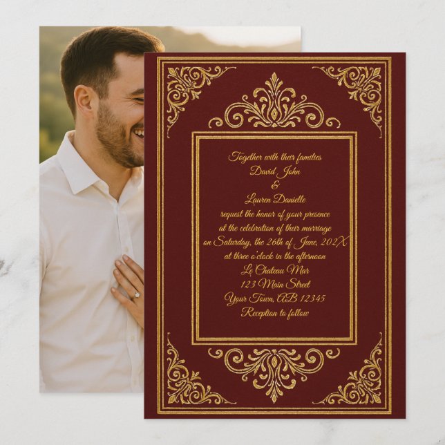 Invitation photo Deep Red & Gold Embossée Filigree (Devant / Derrière)