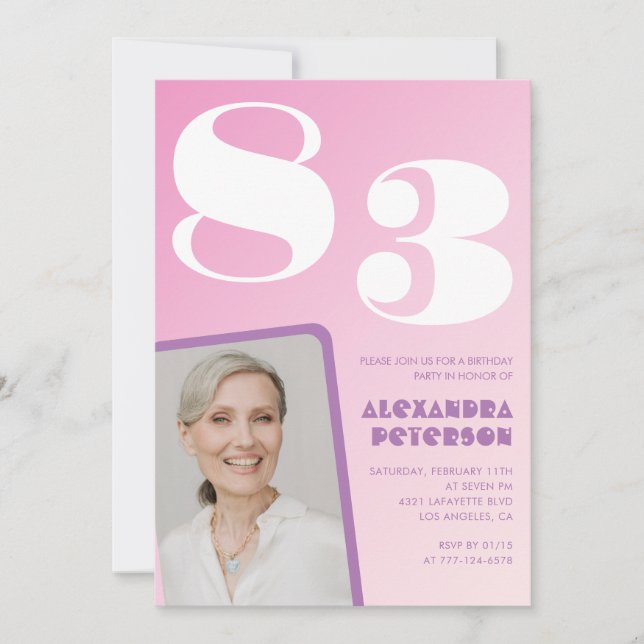 Invitation Photo dégradé rose 83e anniversaire (Devant)