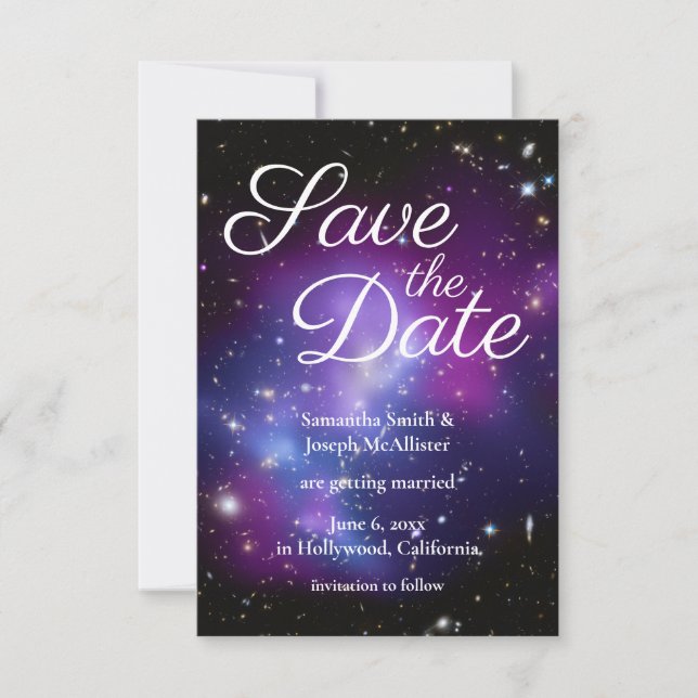 Invitation Photo d'espace violet et noir pour annoncer la dat (Devant)