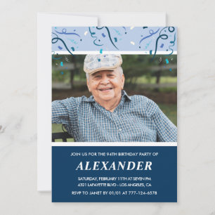 Invitation Photo d'homme bleu marine moderne 94e anniversaire