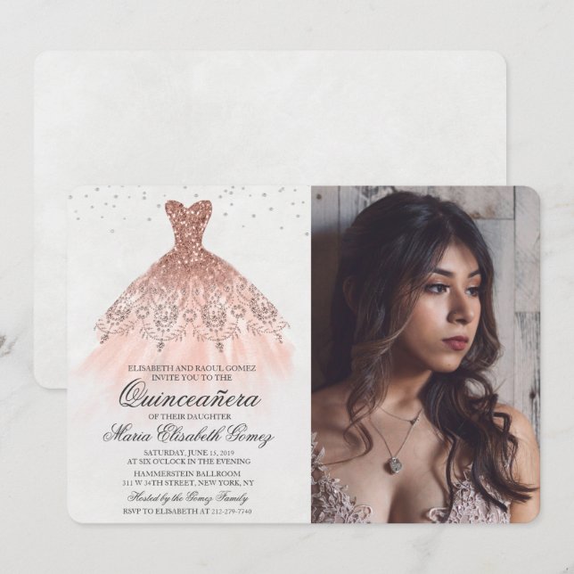 Invitation photo diamant robe pailletée Quinceaner (Devant / Derrière)