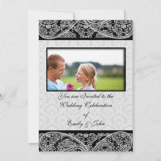 Invitation Photo d'invitation Monogram Black Mariage damassé (Devant)