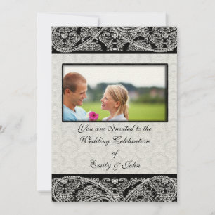 Invitation Photo d'invitation Monogram Black Mariage damassé