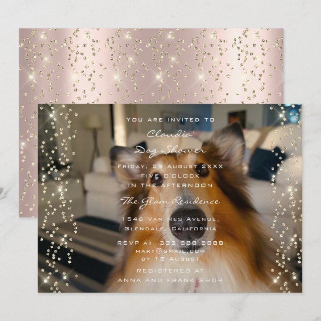 Invitation Photo DOG Douche Anniversaire Rose Gold Confetti (Devant / Derrière)