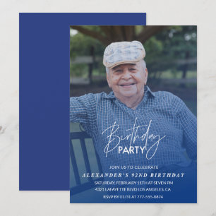 Invitation Photo d'ombre bleue élégante pour les 92 ans d'hom