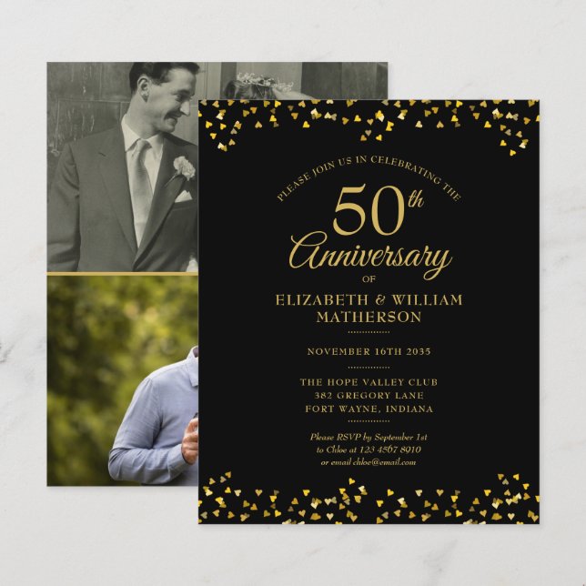 Invitation photo dorée pour le 50e anniversaire de (Devant / Derrière)