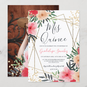 Invitation Photo dorée rouge rose moderne quinceanera