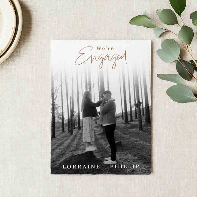 Invitation Photo doux avec touche manuscrite pour l'engagemen (Full Photo with white Gradient & Handwritten Script Engagement Party Invitation. With couples names.)