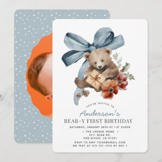 Invitation Photo du 1er anniversaire de Beary First Blue Bow