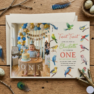Invitation Photo du 1er anniversaire de joli oiseau | Douce p