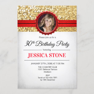 Invitation Photo du 30e anniversaire - Blanc Or Rouge