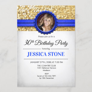 Invitation Photo du 30e anniversaire - Bleu royal blanc or