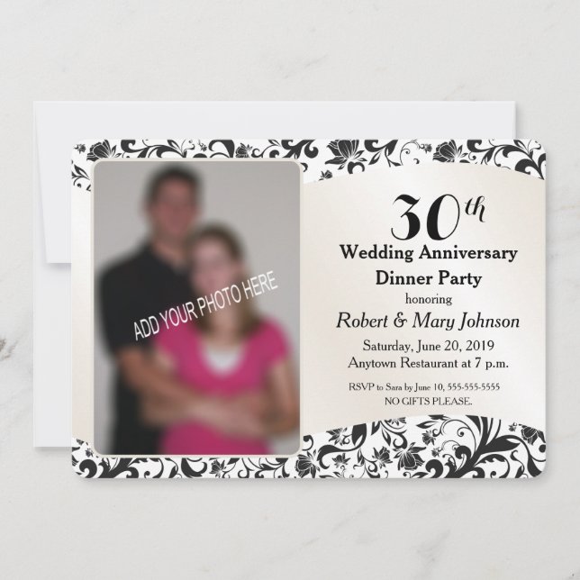 Invitation Photo du 30e anniversaire de mariage Black Swirl & (Devant)