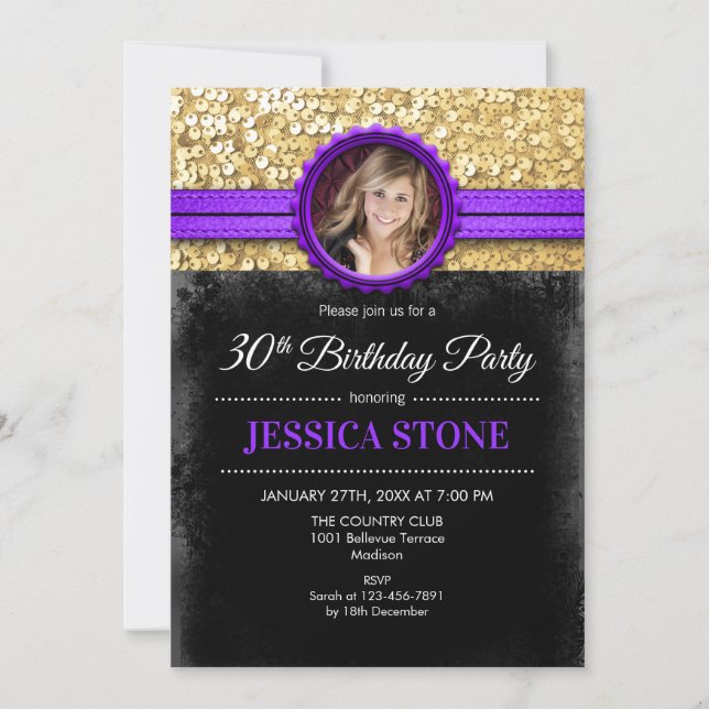 Invitation Photo du 30e anniversaire - Noir d'or violet (Devant)