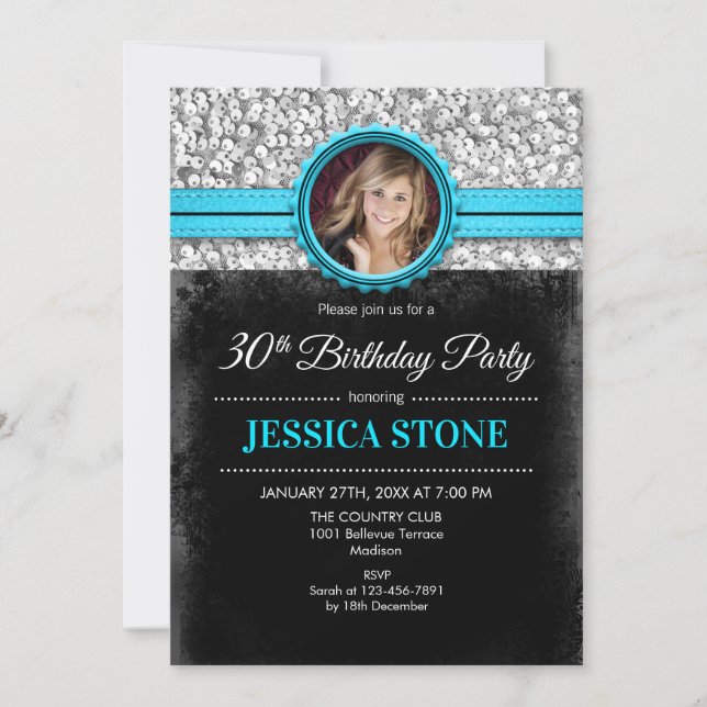 Invitation Photo du 30e anniversaire - Silver Black Aqua Blue (Devant)
