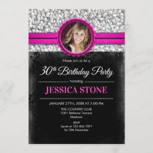 Invitation Photo du 30e anniversaire - Silver Black Hot Pink