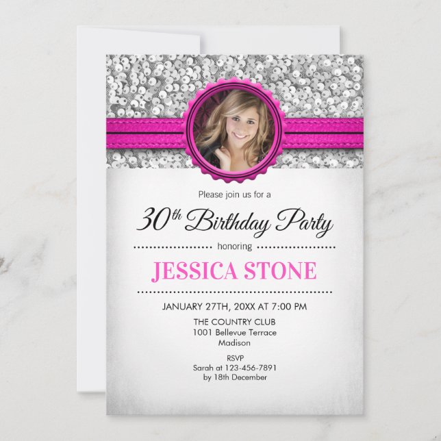 Invitation Photo du 30e anniversaire - Silver White Hot Pink (Devant)