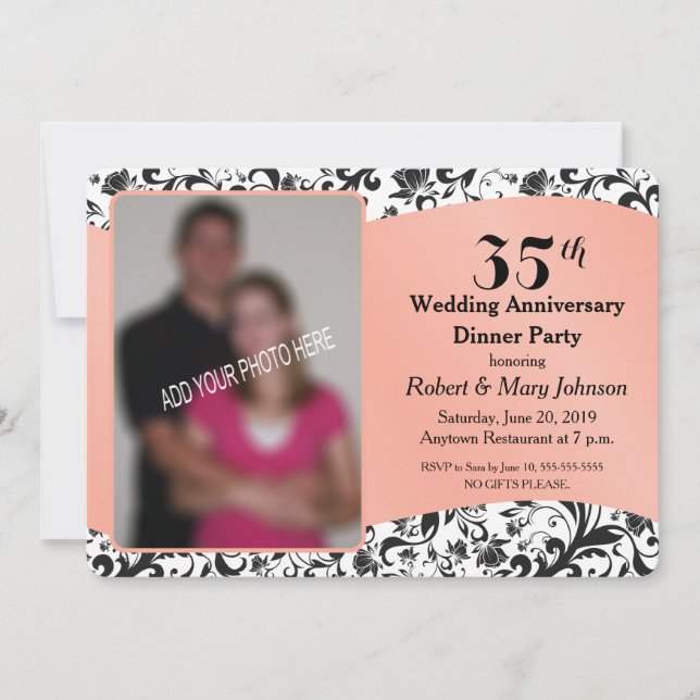 Invitation Photo du 35e anniversaire de mariage Black Swirl & (Devant)