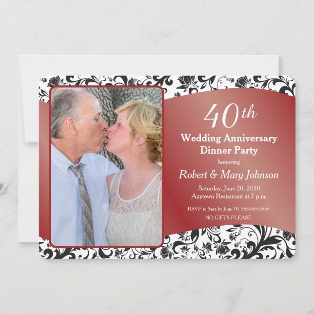Invitation Photo du 40e anniversaire de mariage Black Swirl & (Devant)